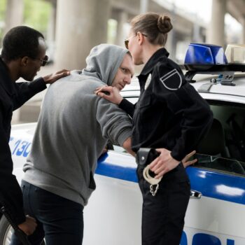 policeman and policewoman arresting young man in hoodie