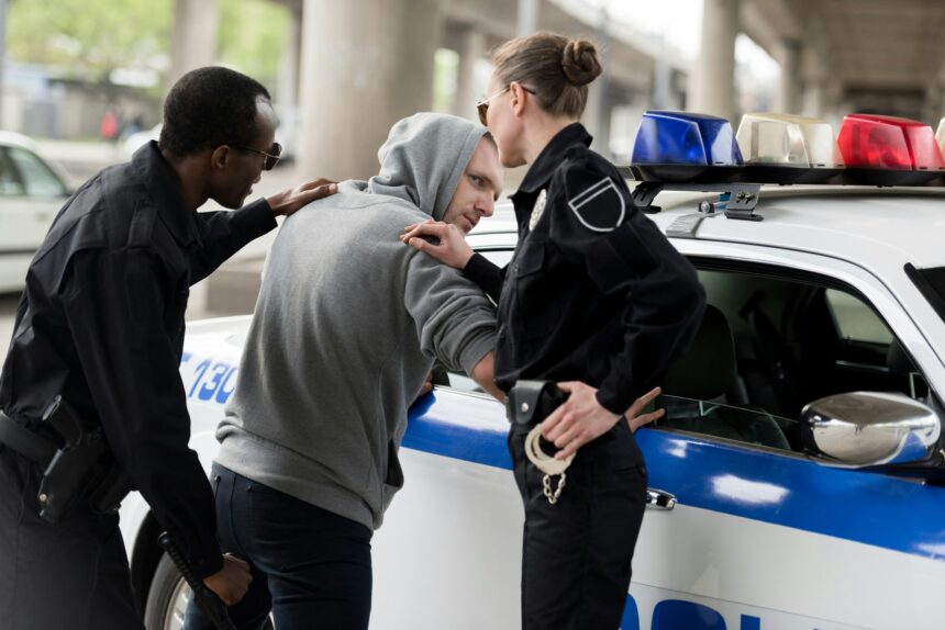 policeman and policewoman arresting young man in hoodie