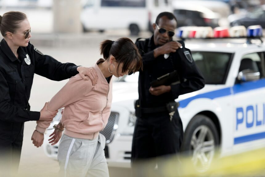 policewoman holding arrested young woman while her partner talking on portable radio